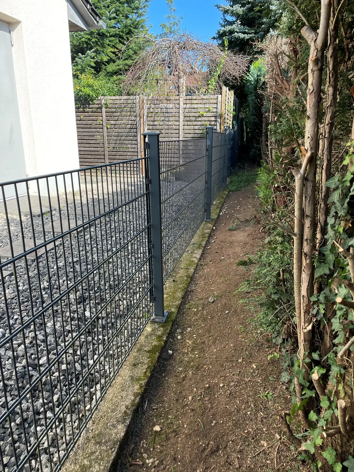 Doppelstabmattenzaun entlang einer Grundstücksgrenze
